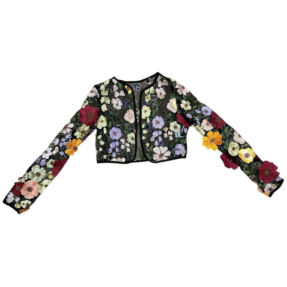 SHEIN Black Floral Crochet Sheer Cropped Cardigan